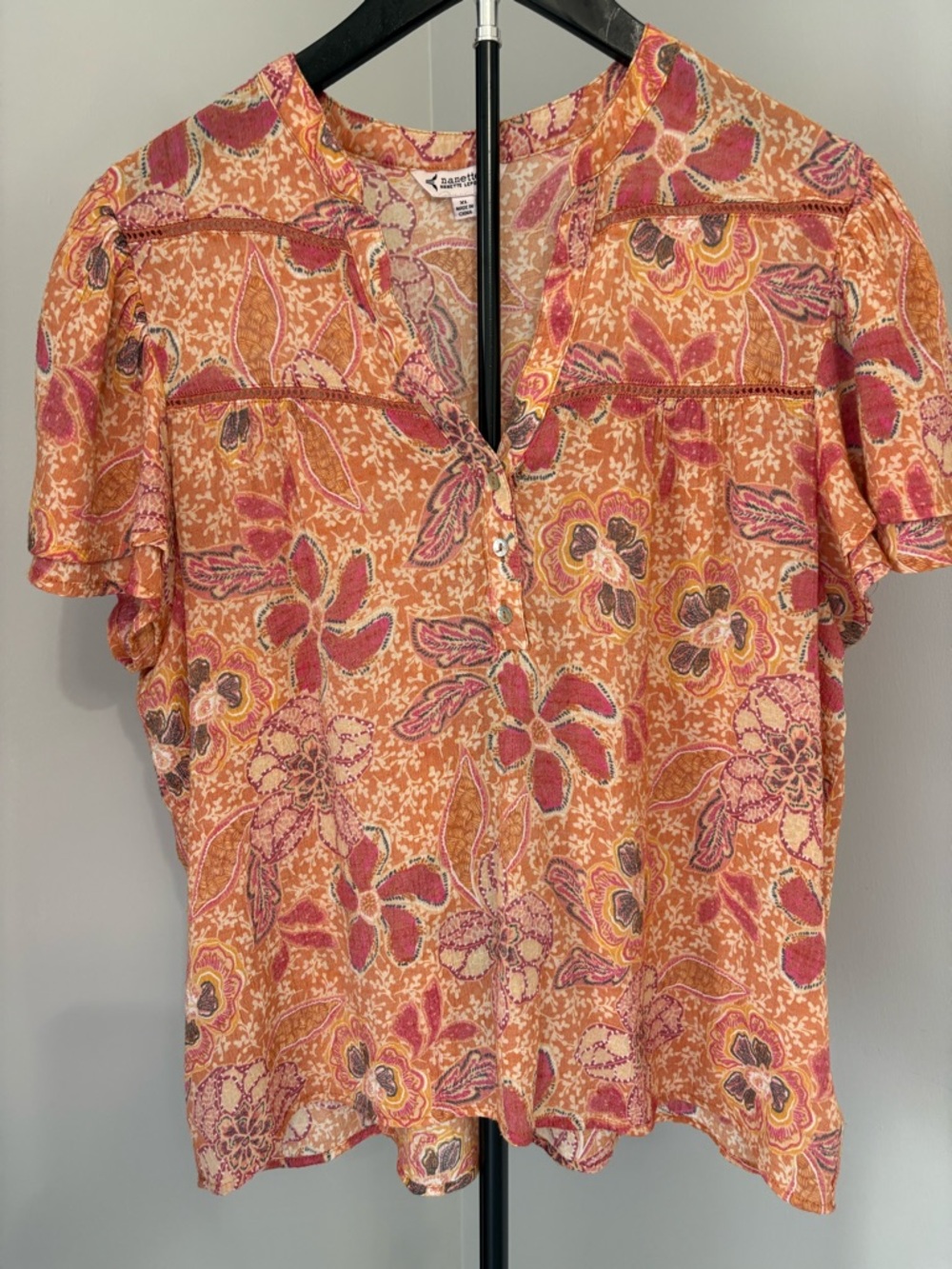 Nanette Lepore Boho Floral Flutter Sleeve V-Neck Blouse XL Orange Pink Eyelet - Picture 2 of 9
